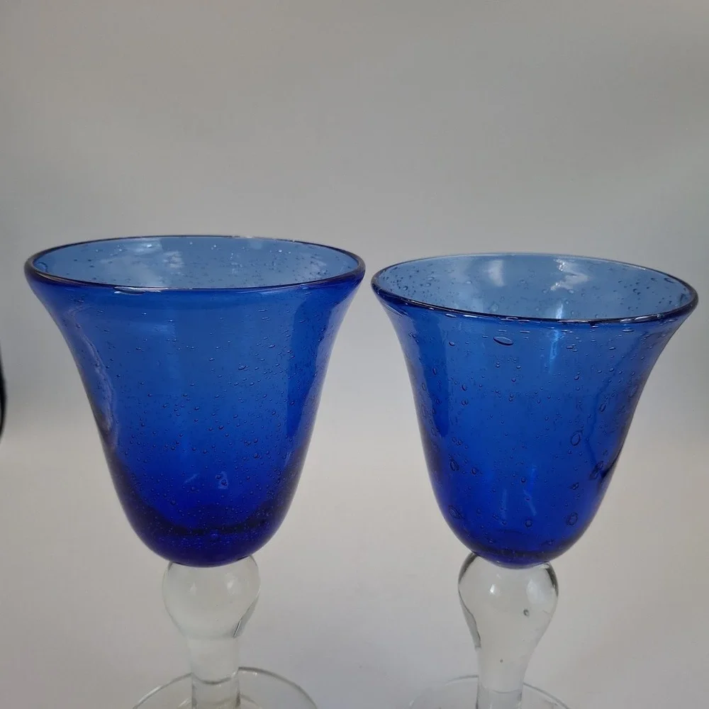 Pair Hand Blown Cobalt Blue Bubble Glass Goblets Clear Stem 8.5